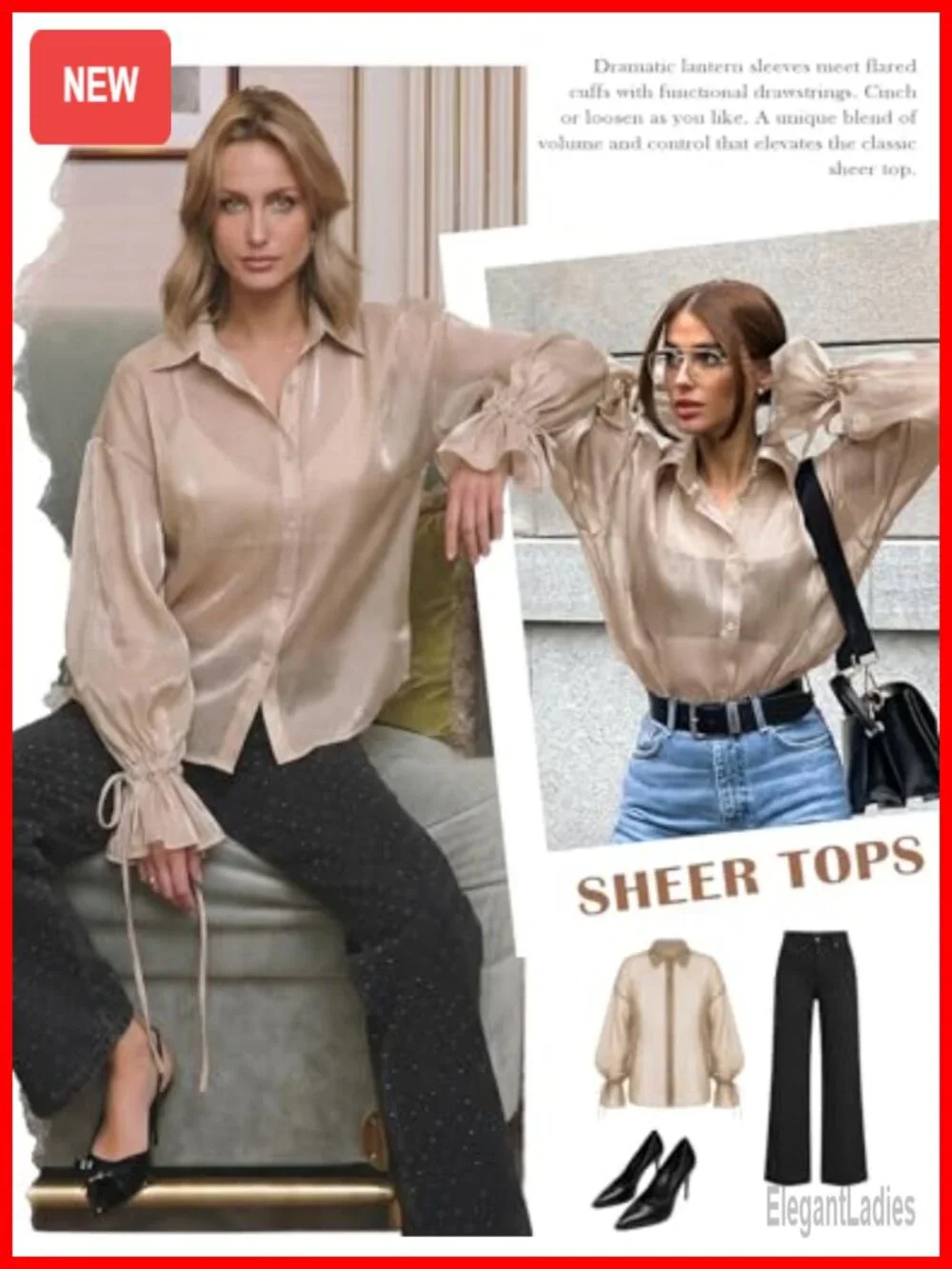 Sheer Button Down Blouse, Lantern Sleeve Mesh Top, Night Out Shirt